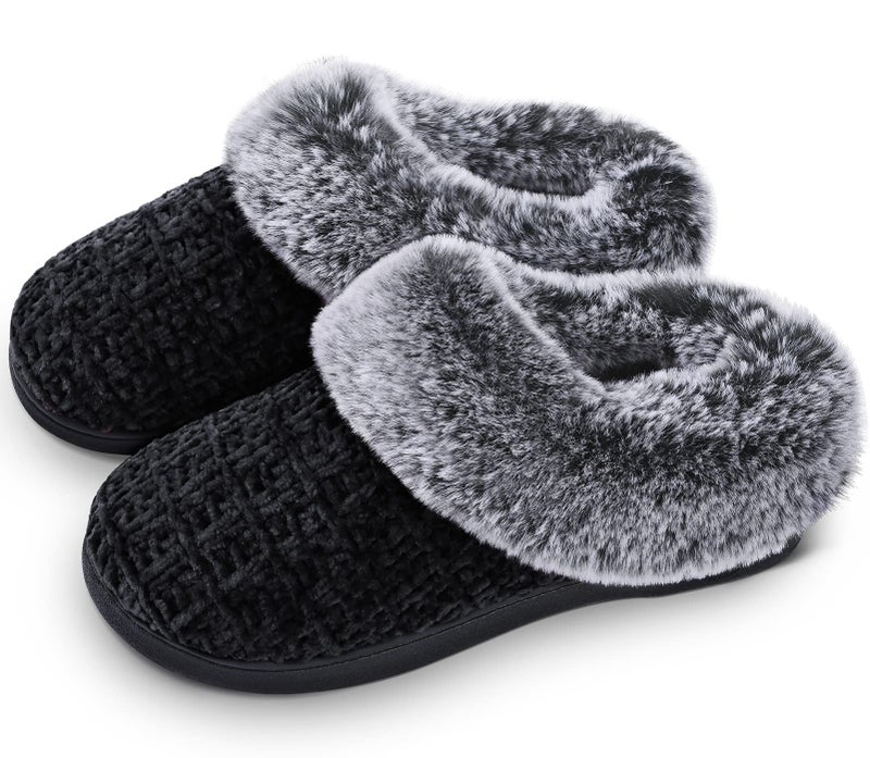 DL Women's House Slippers with Fuzzy Plush Faux Fur Collar, Memory Foam Slip on House Shoes with Indoor Outdoor Anti-Skid Rubber Sole, Black, 7-8 - Image 1